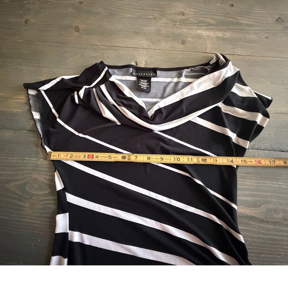 Attention Womens Black White Striped Cowl Neck Ruched Sheath Dress XS 3012 - Picture 5 of 9
